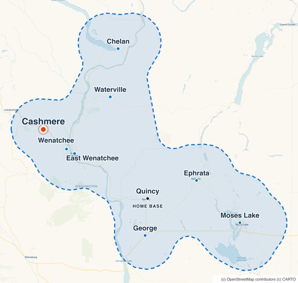 Map highlighting Cashmere within the RockBuilt Handyman service area