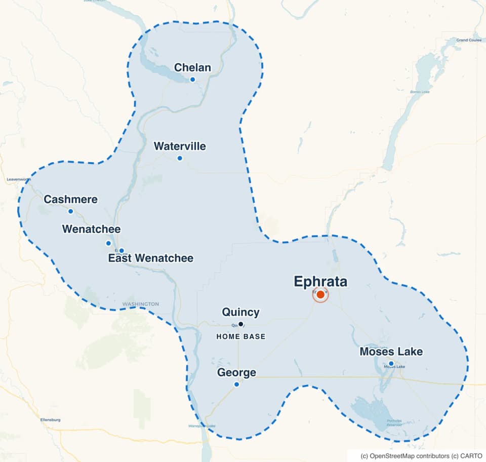 Map highlighting Ephrata within the RockBuilt Handyman service area