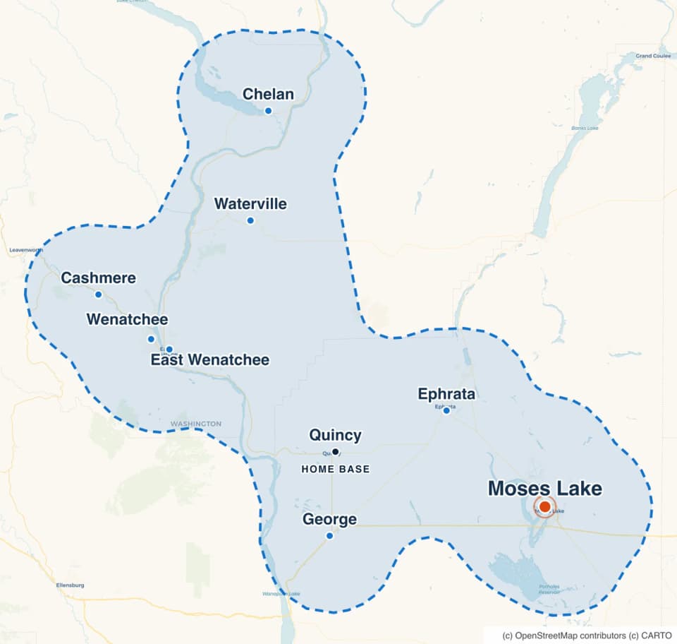 Map highlighting Moses Lake within the RockBuilt Handyman service area