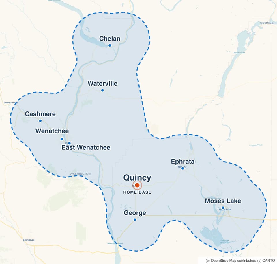 Map highlighting Quincy within the RockBuilt Handyman service area