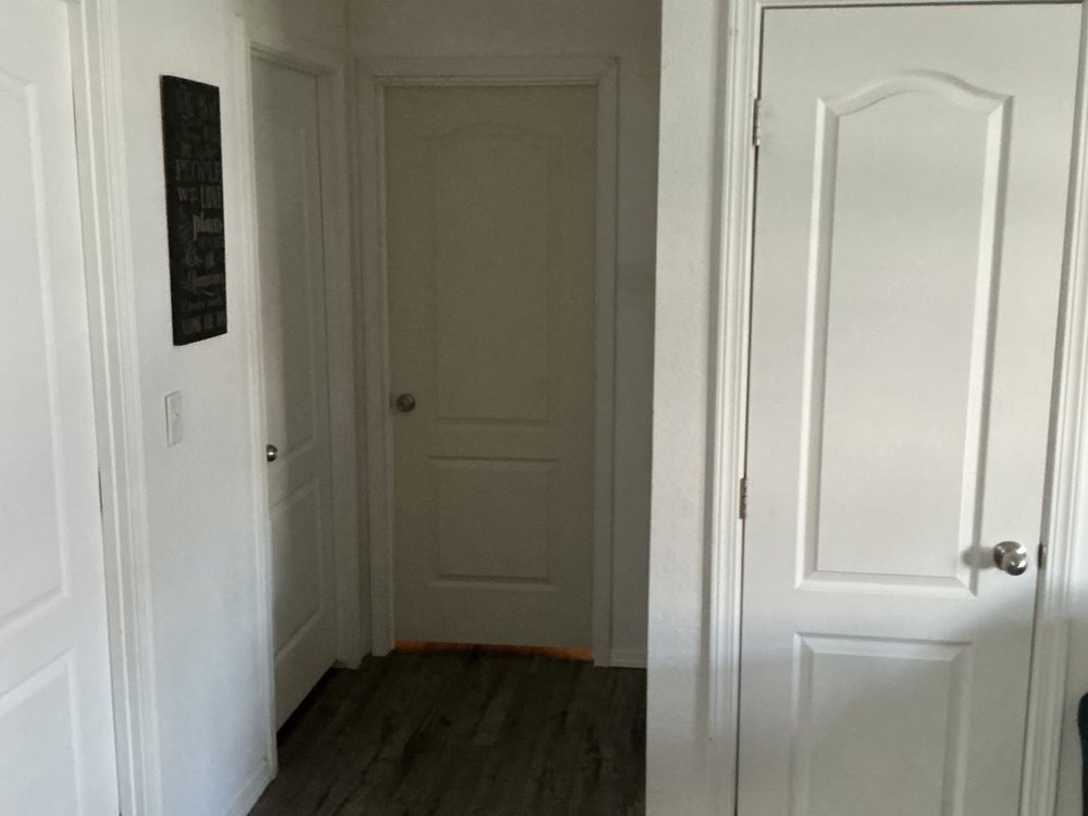 White door closed in the hallway opening at the end, matching the existing panel doors