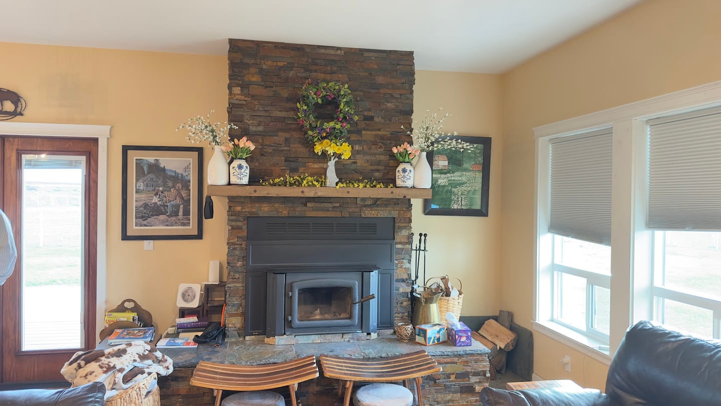 Stacked stone fireplace with a wood stove insert before built-in shelving was added