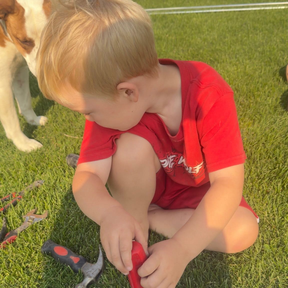 Their three year old driving a screw with a hand driver